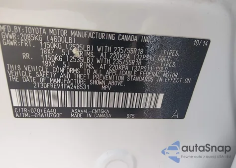 2015 Toyota Rav4 Limited из США, поврежденный, VIN 2T3DFREV1FW248531